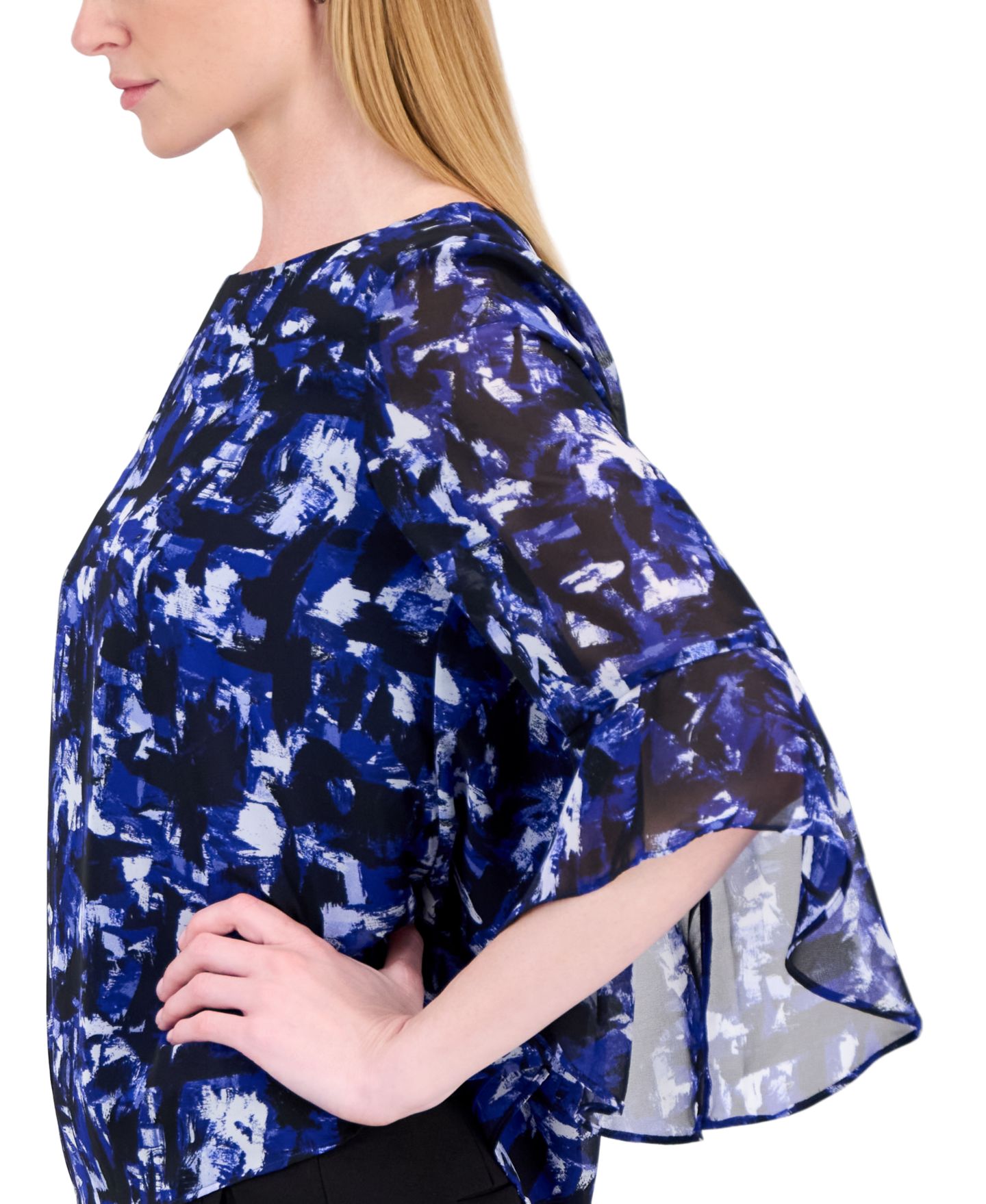 Женская блузка Kasper Boat Neck 3/4-Sleeve Tiered-Ruffle, цвет: Королевский синий разноцветный — фото 3