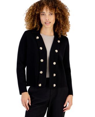 Petite Knit Band Double-Breasted Long-Sleeve Jacket