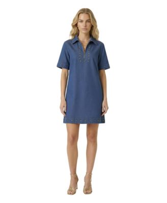 Women's Studded Half-Zip Short-Sleeve Denim Mini Dress