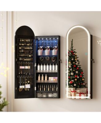15.7"W Arched Jewelry Armoire with LED Mirror, Wall or Door Mounted Jewelry Cabinet