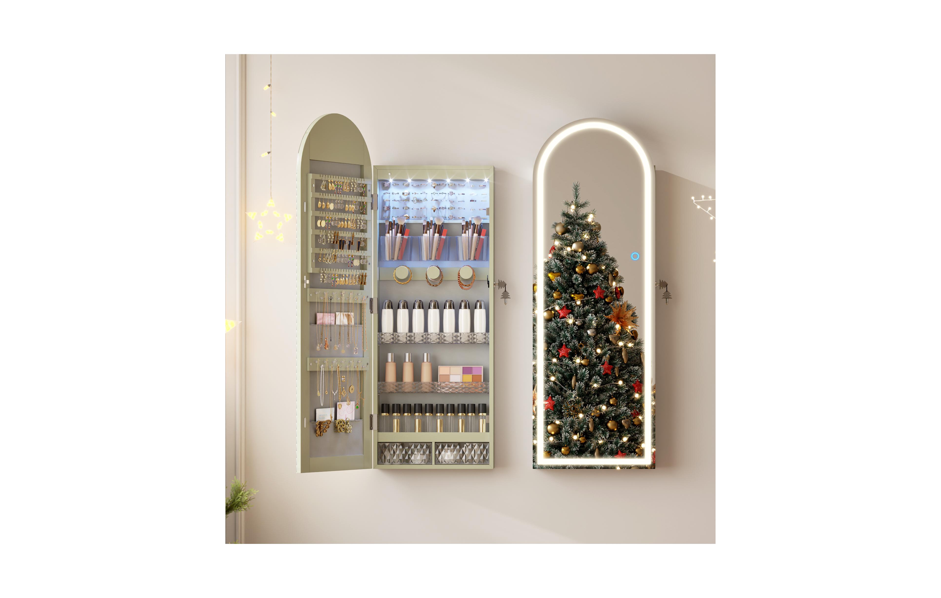 Vlsrka 15.7"W Arched Jewelry Armoire with Led Mirror, Wall or Door Mounted Jewelry Cabinet