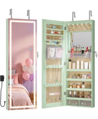 42.5"H Jewelry Armoire with LED Full-Length Mirror, Door/Wall Mounted Cabinet