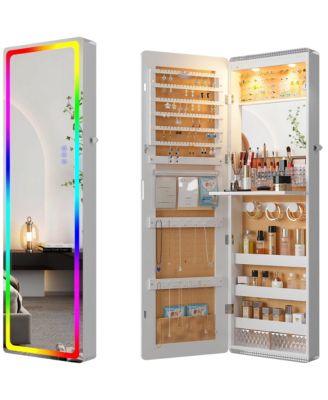 47.2" Jewelry Armoire with RGB LED Light, Full-Length Mirror, Wall or Door Mounted Jewelry Cabinet