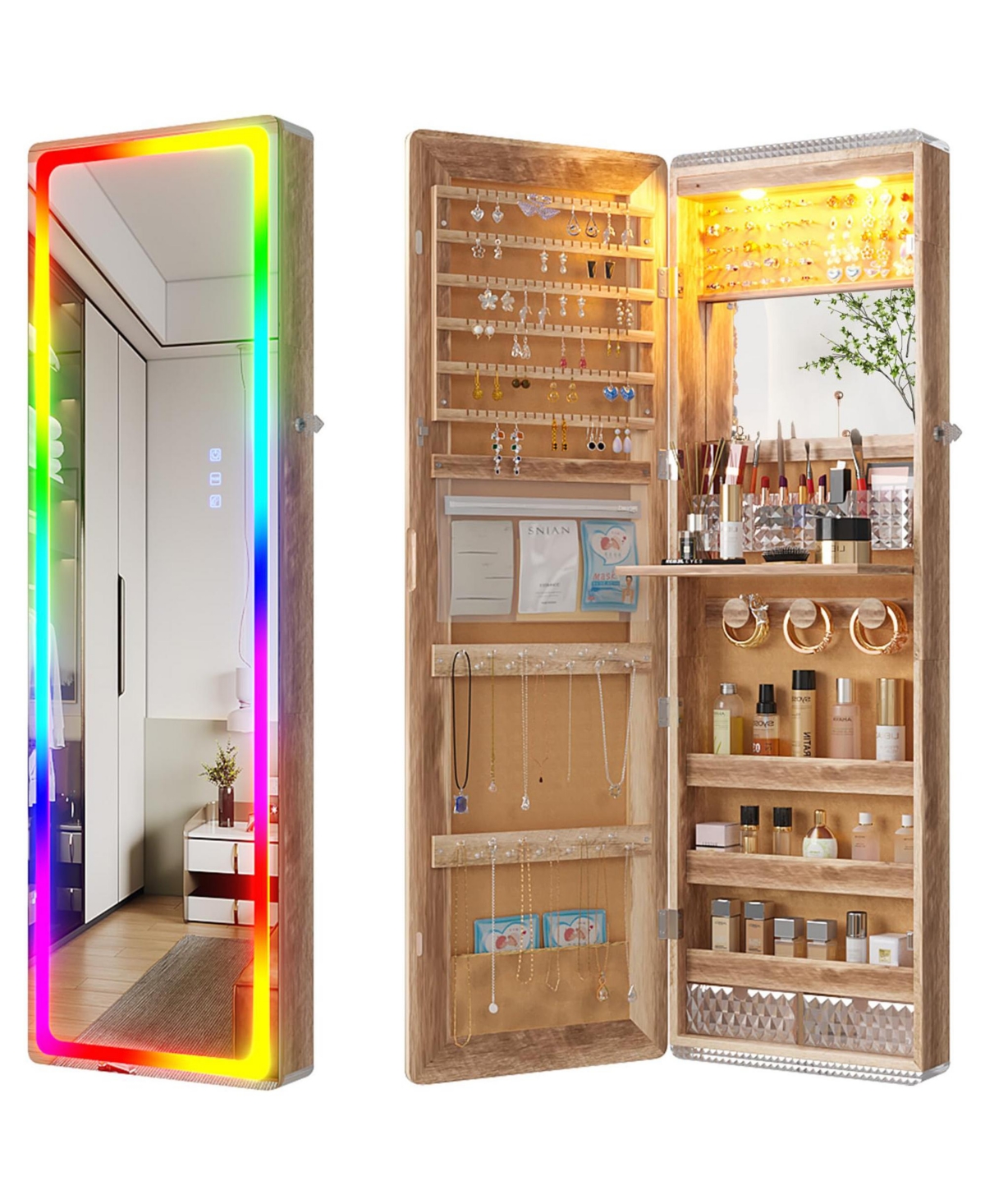 Vlsrka 47.2" Jewelry Armoire with Rgb Led Light, Full-Length Mirror, Wall or Door Mounted Cabinet