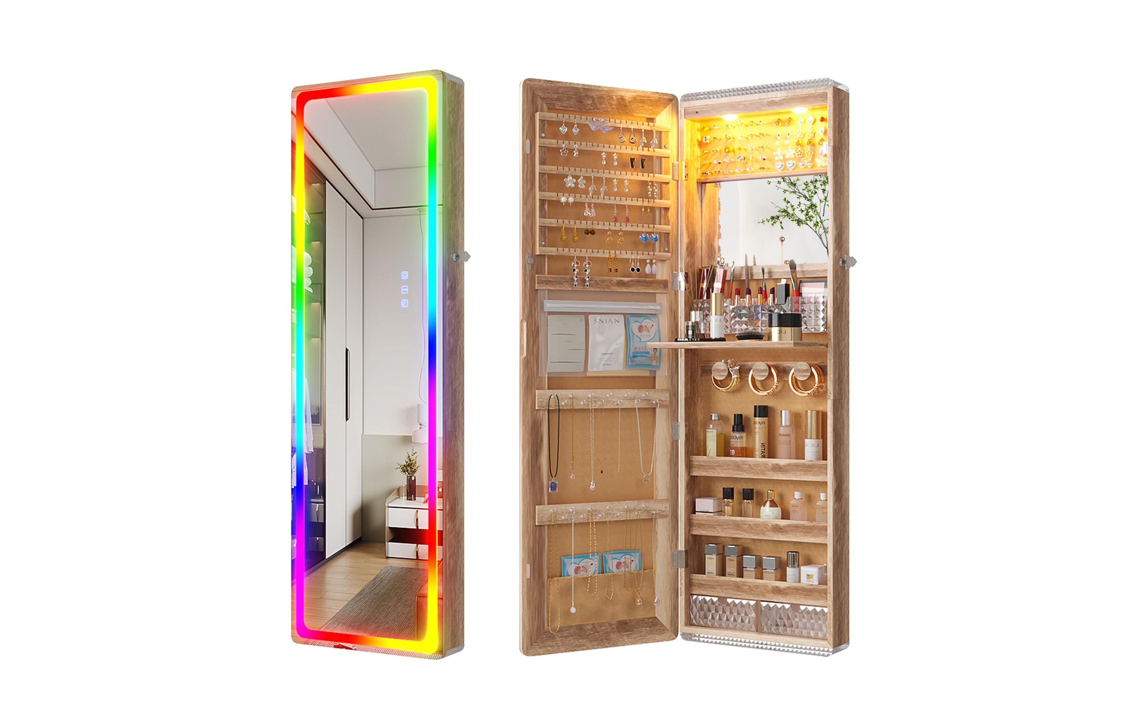 Vlsrka 47.2" Jewelry Armoire with Rgb Led Light, Full-Length Mirror, Wall or Door Mounted Cabinet