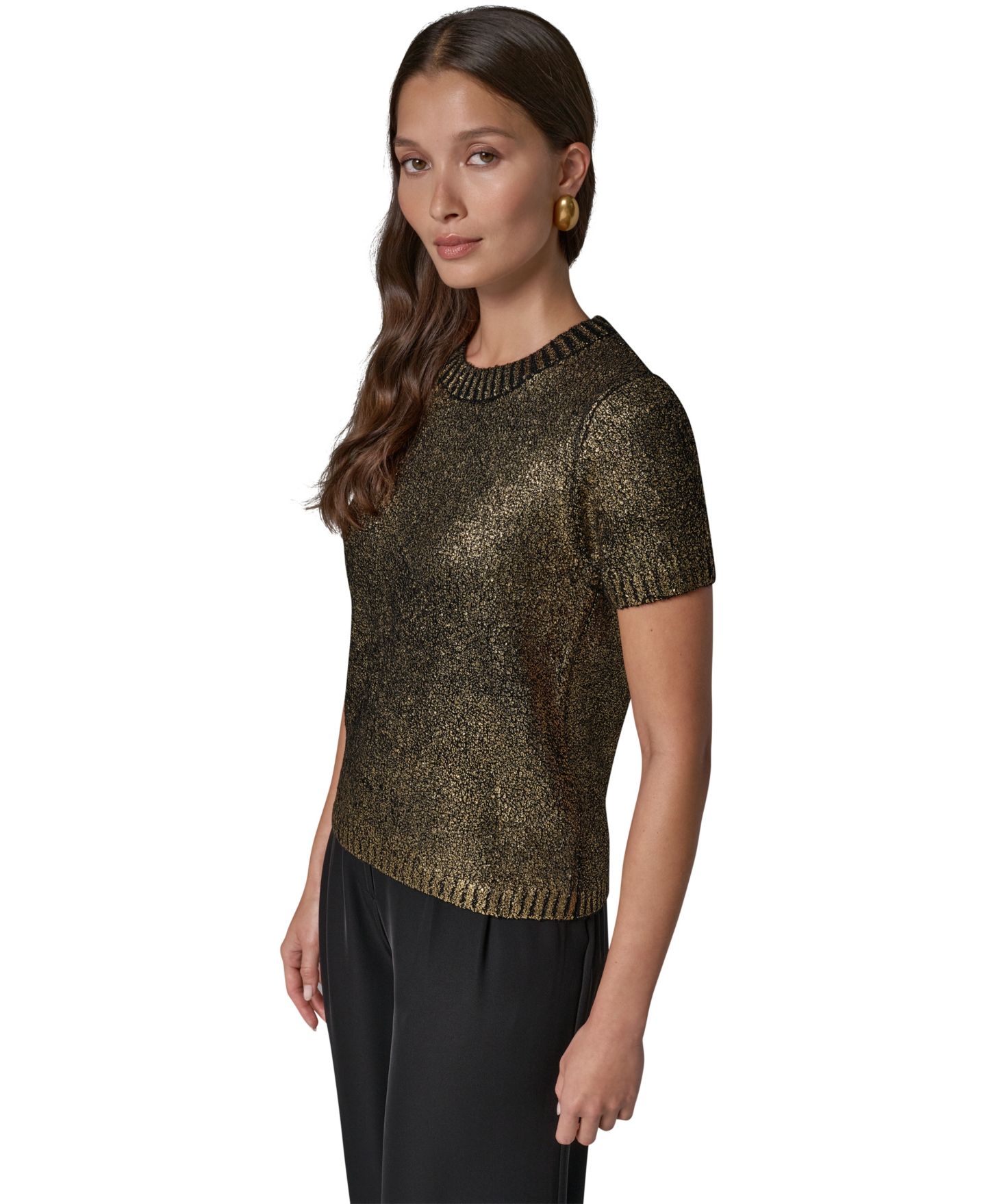 Женский свитер Donna Karan New York Foil Boucle Short-Sleeve Crewneck, цвет: Чёрный / Золотой — фото 4