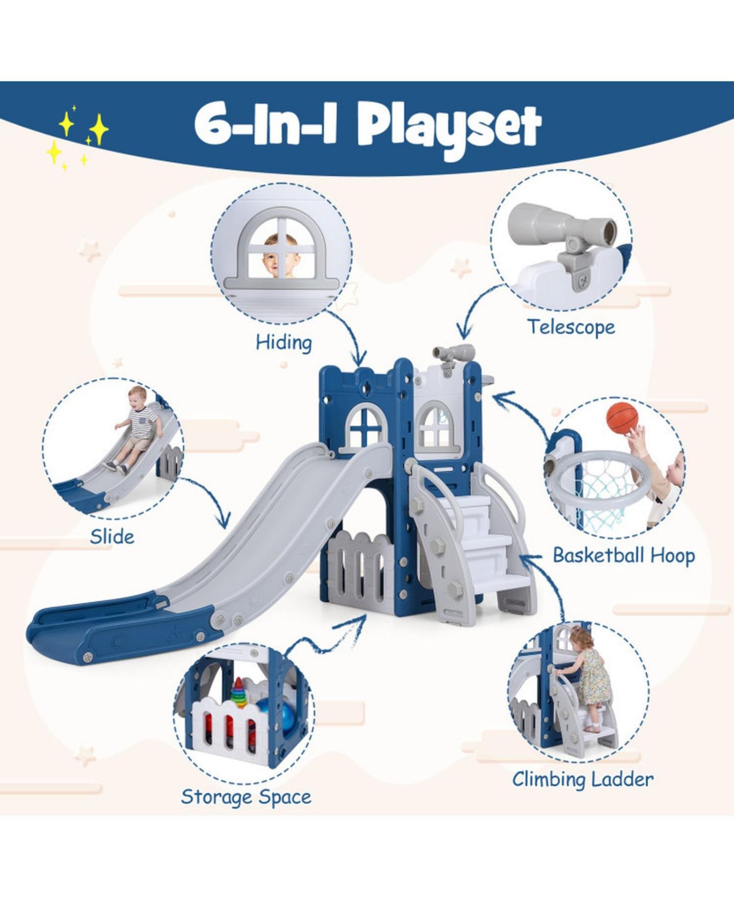 Детский игровой набор SUGIFT 6-in-1 L-Shaped Toddler Slide Climber Playset with Basketball Hoop, 27" x 57" x 33.5", 110 lbs Capacity, Ages 1-3, цвет: Синий — фото 6