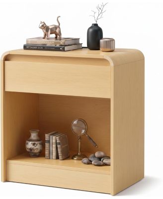 Curved Nightstand with Single Drawer and Open Shelf, Charging Station, Modern Bedside End Table