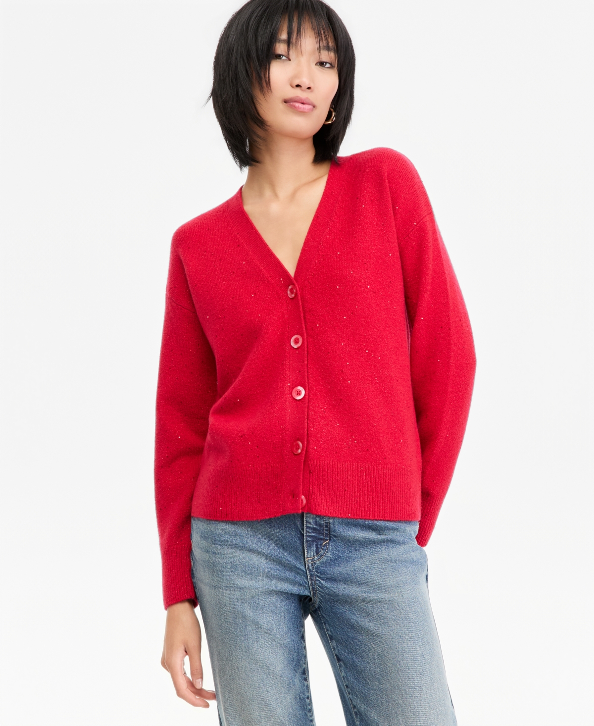 I.n.c. International Concepts Women's Roving Sequin Long-Sleeve V-Neck Cardigan, Macy's Exclusive - Real Red