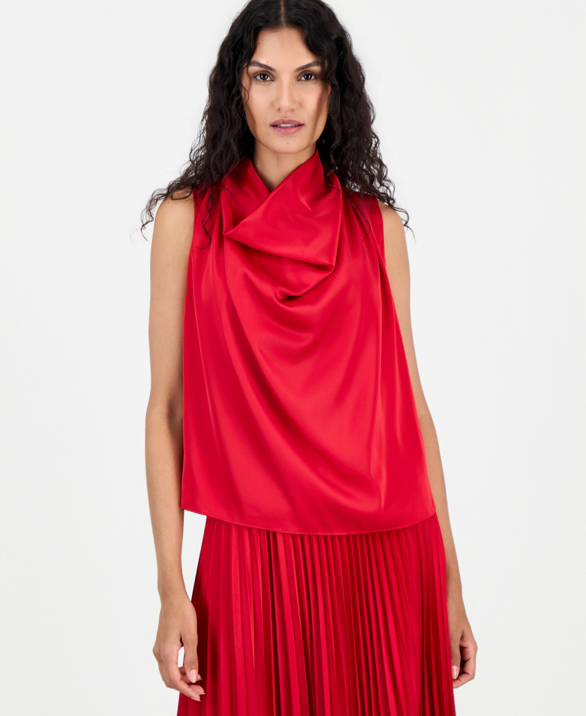 T Tahari Women's Sleeveless Satin Cowl Neck Blouse