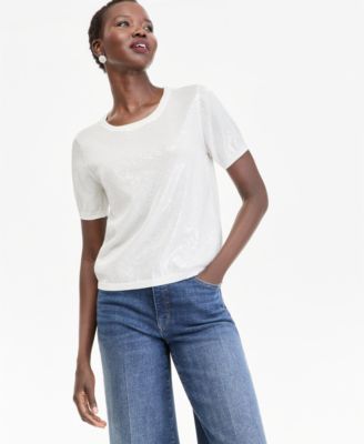 Women's Sequin Short-Sleeve Crewneck Sweater