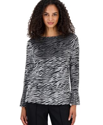 Women's Boat Neck Long-Sleeve Animal-Print Blouse