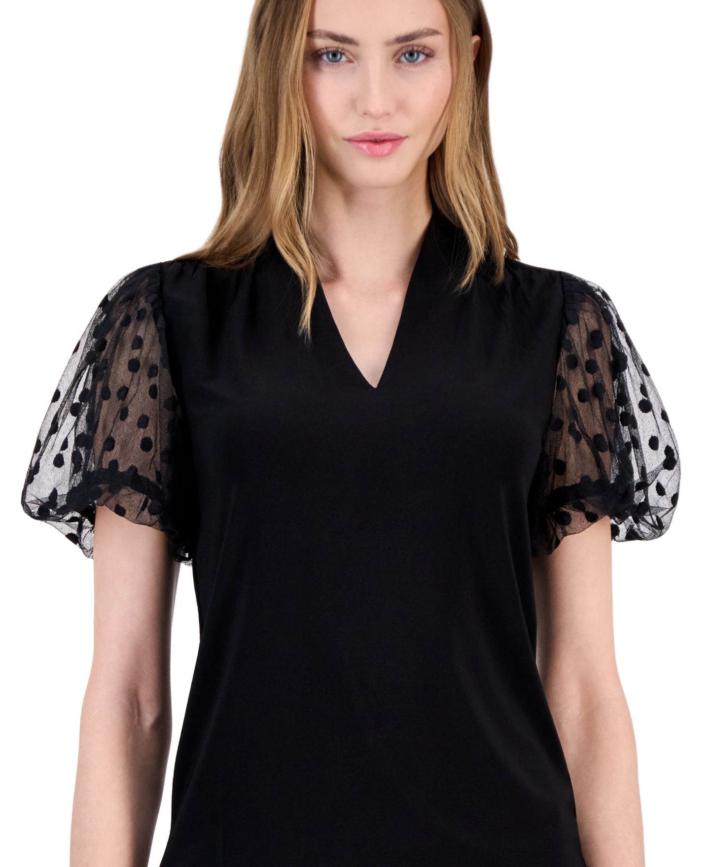 Женская блузка Anne Klein V-Neck Bubble Sleeve Short-Sleeve, цвет: Чёрный — фото 2