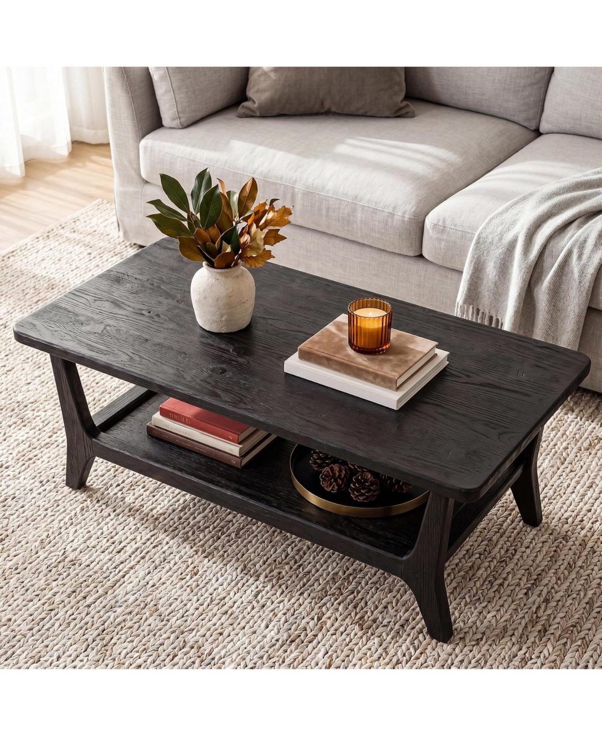 Tribesigns Solid Wood Coffee Table, 47-Inch Living Room Center Table with Shelf, 2-Tier, Smooth Corners, Child-Friendly, Easy Assembly