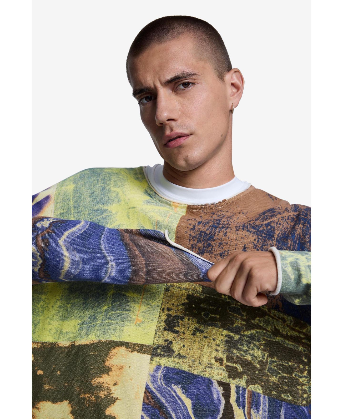 Мужской свитер Desigual Patchwork Print Loose Crew Neck, цвет: Зелёный — фото 5