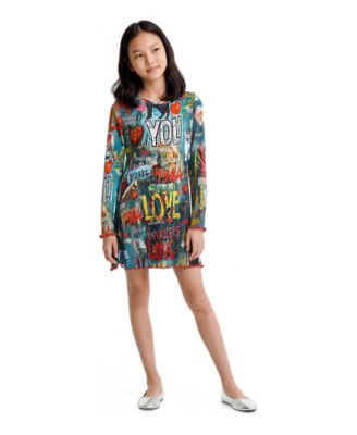 Girls' 4-16 Long-Sleeve Graphic-Print Fit & Flare Cotton-Blend Dress
