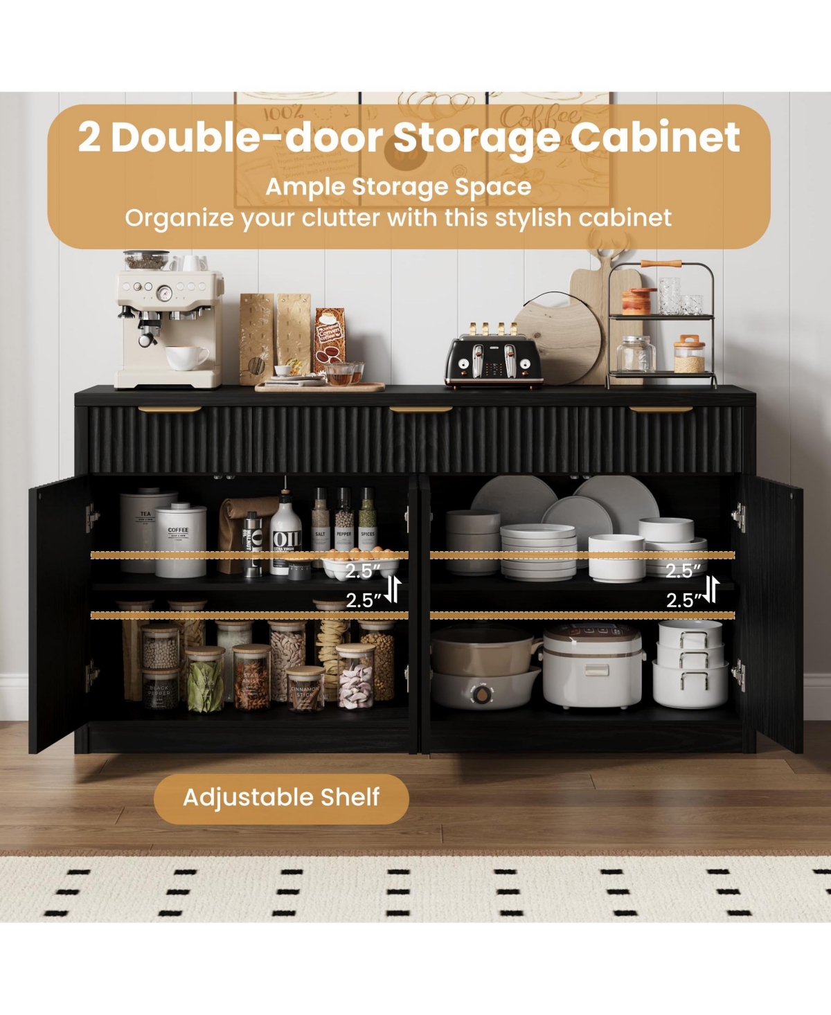 55 Inch Modern Fluted Buffet Sideboard Credenza, Storage Cabinet With Doors And Inner Shelves For Kitchen, Dining Room Coffee Bar Spaces