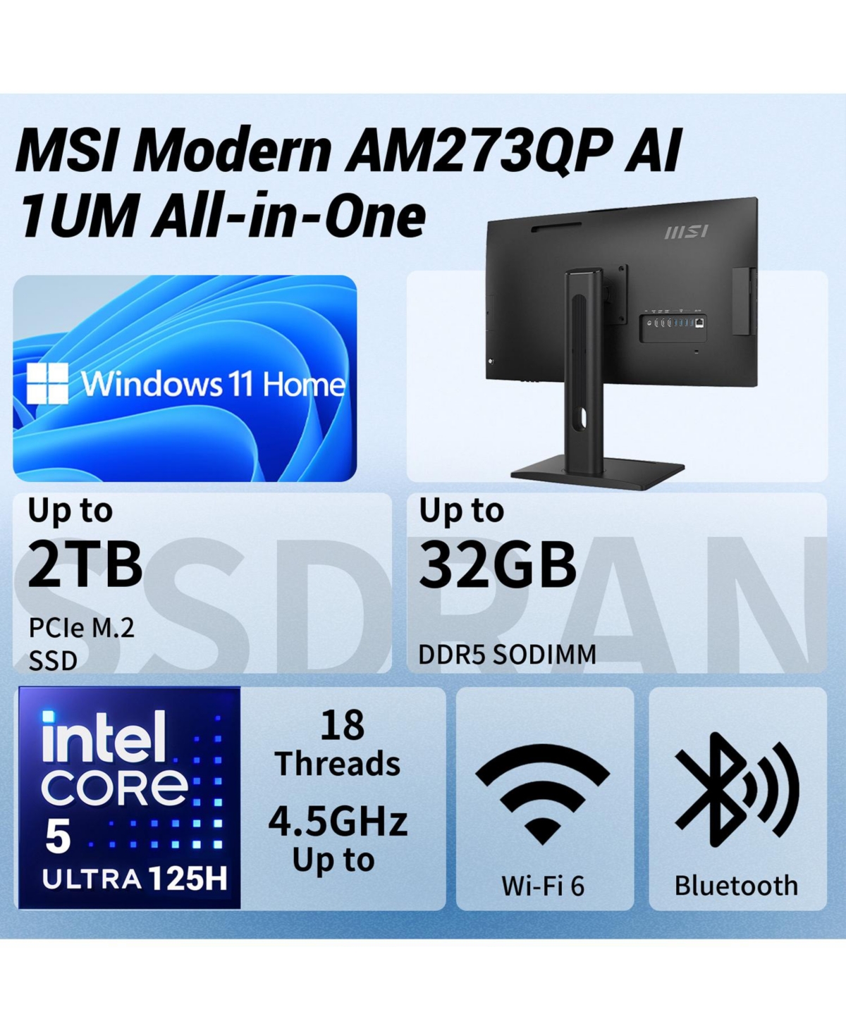 Msi Modern 27" Qhd Ai All-in-One, Intel Core Ultra 5, 16GB DDR5, 1TB Ssd, Wireless Keyboard & Mouse, Windows 11 Home