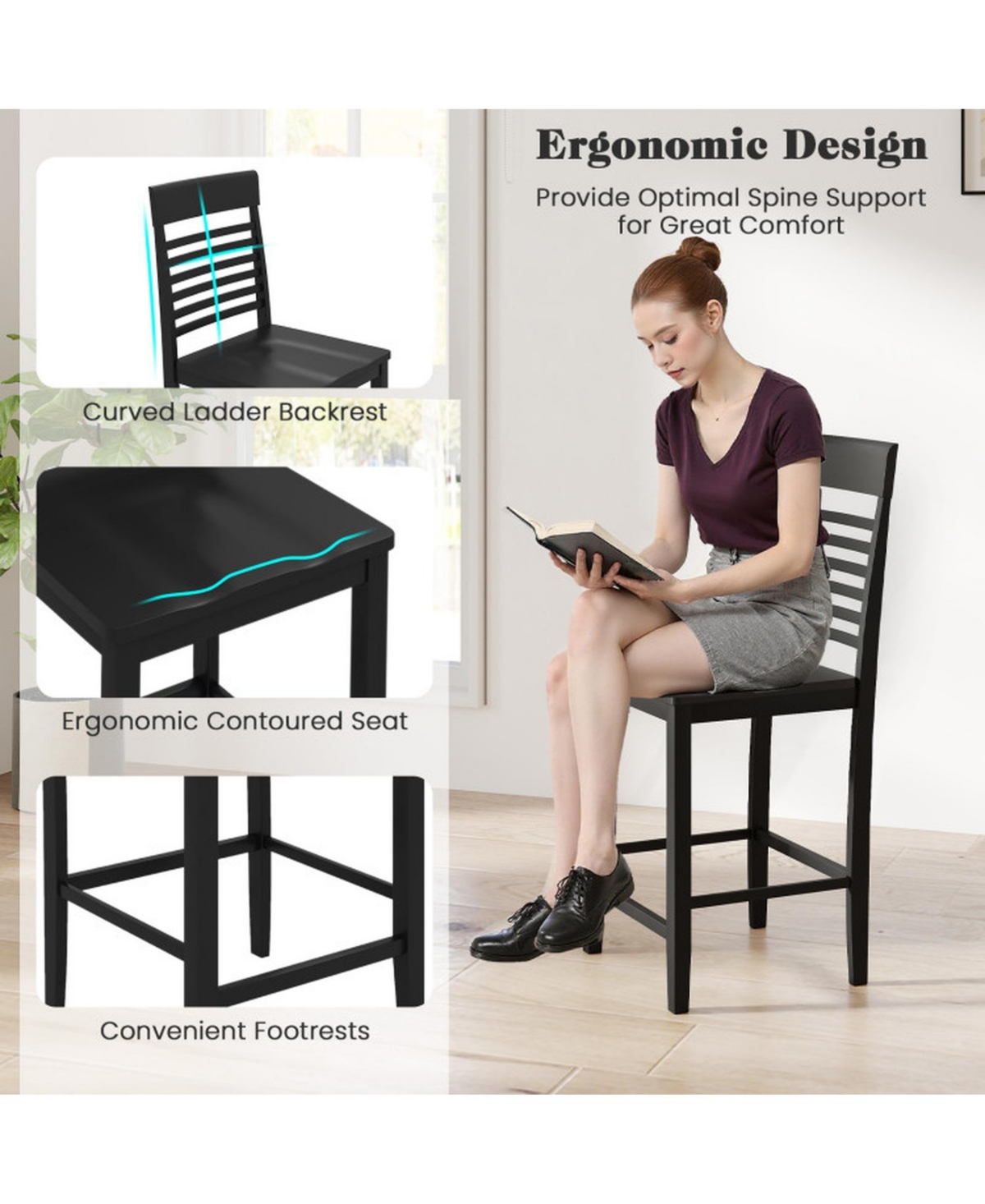 Sugift 3 Piece Counter Height Dining Table Set for 2 with Rubber Wood Frames and Built In Footrests