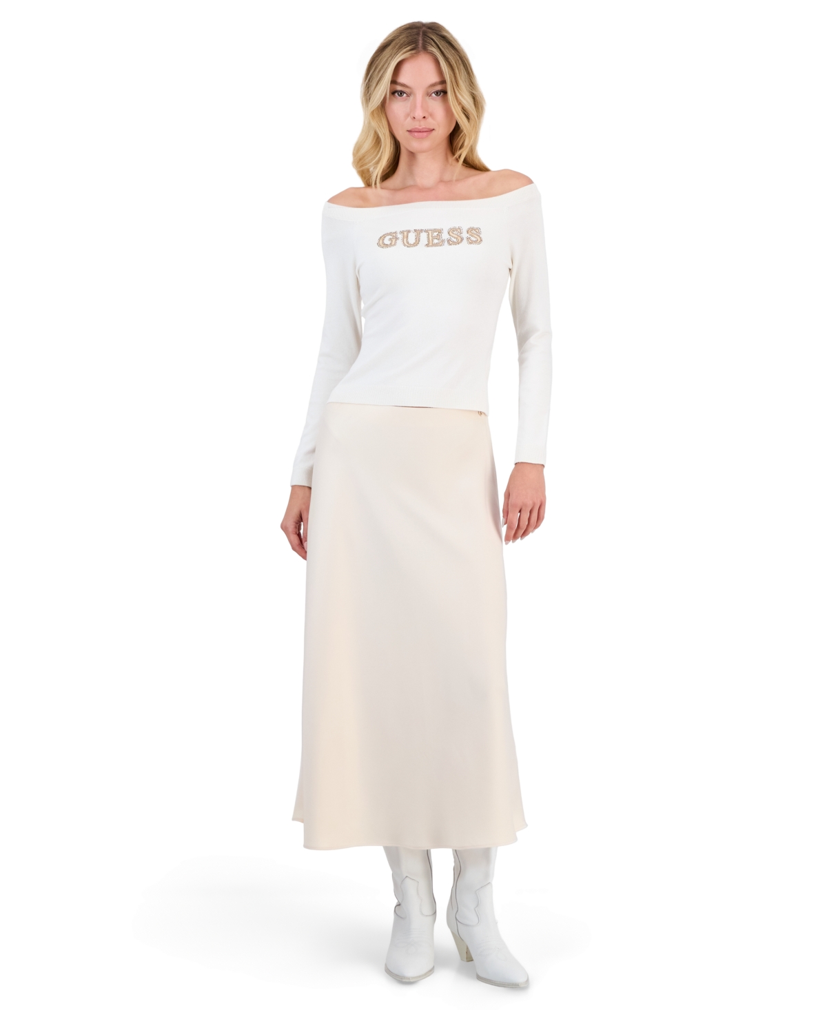 Guess Women's Lorenza A-Line Midi Satin Skirt - Biscotti