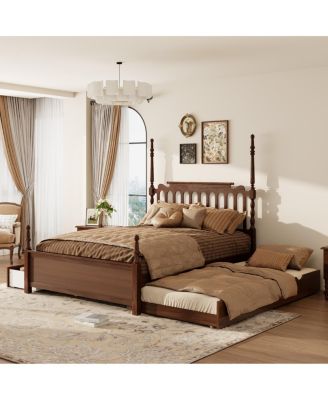 Queen Platform Bed with Twin XL Trundle, 2 Drawers, and Spindle Headboard