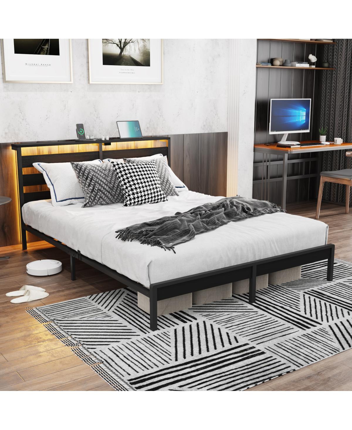 Streamdale Furniture Queen Metal Platform Bed with Led, Usb, and Headboard