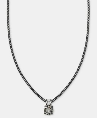 Hematite-Tone Mixed Metal Cubic Zirconia Double Stone Pendant Necklace