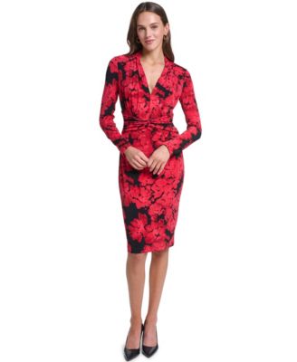 Women's V-Neck Floral-Print Long-Sleeve Sheath Dress
