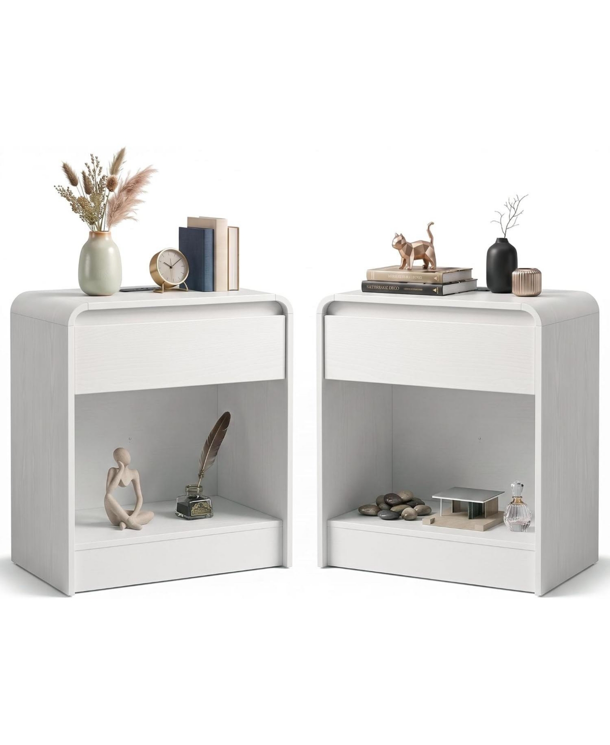 homfan Set of 2 Curved Nightstands with Single Drawer and Open Shelf, Cable Management, Modern Bedside Table for Bedroom Living Room