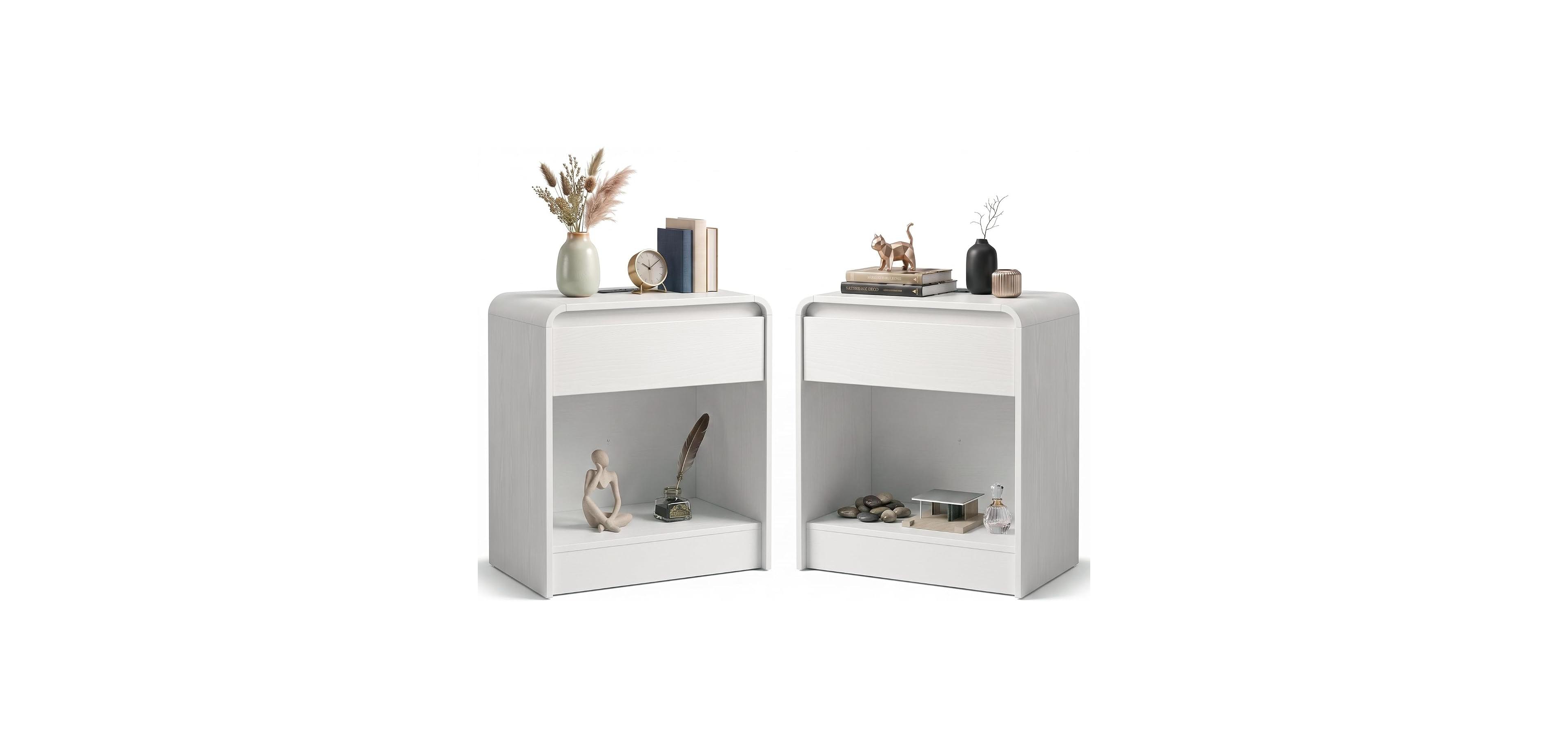 homfan Set of 2 Curved Nightstands with Single Drawer and Open Shelf, Cable Management, Modern Bedside Table for Bedroom Living Room