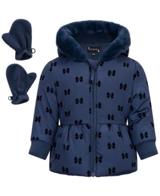 Baby Girls' Flocked Hooded Peplum Puffer Jacket and Mittens, 2-Piece Set