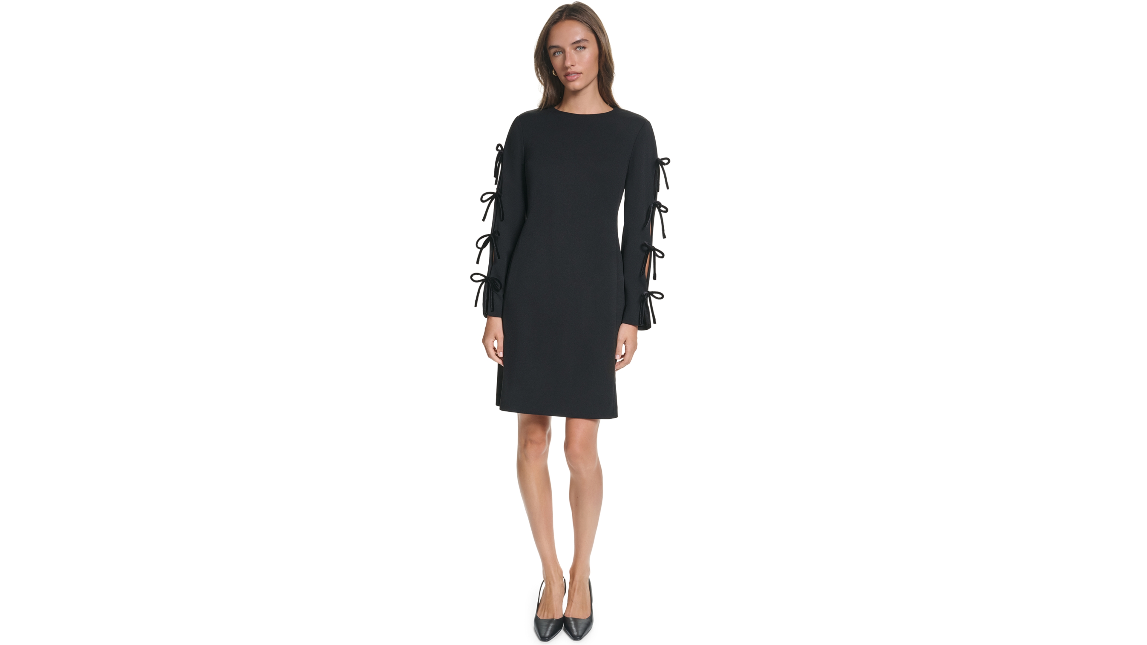 Karl Lagerfeld Paris Women's Long-Sleeve A-Line Scuba Crepe Dress with Velvet Bow