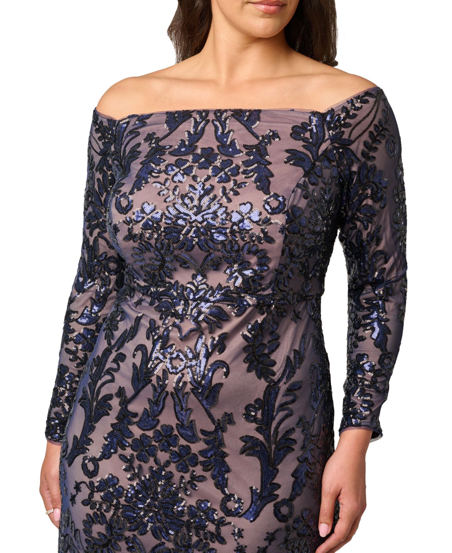 Женские платья Adrianna Papell Plus Size Sequin Off-the-Shoulder Gown, цвет: Тёмно-синий розовый золотой — фото 4