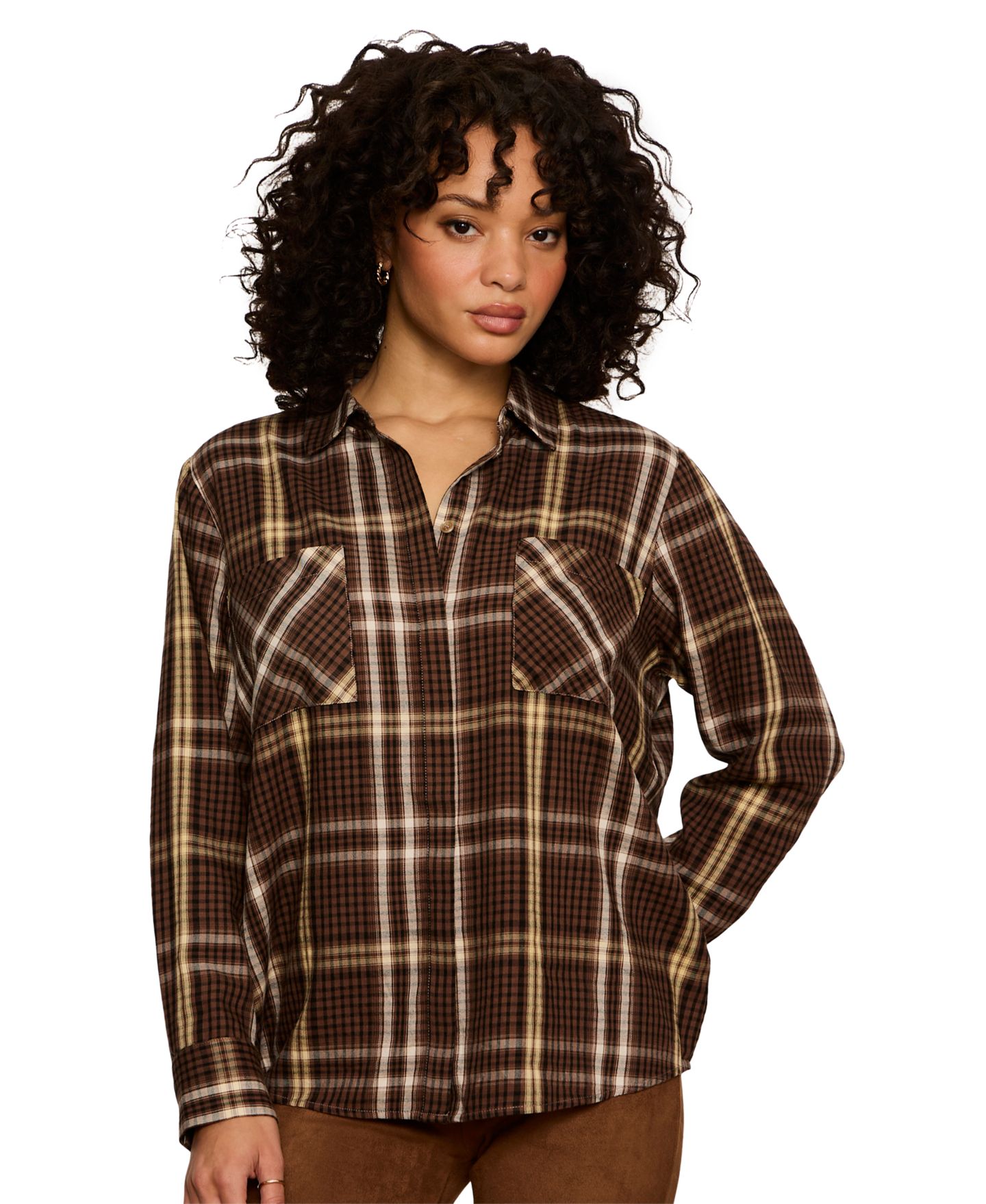 Женская рубашка Sanctuary Long-Sleeve Plaid Button-Up, цвет: Какао клетчатый — фото 2