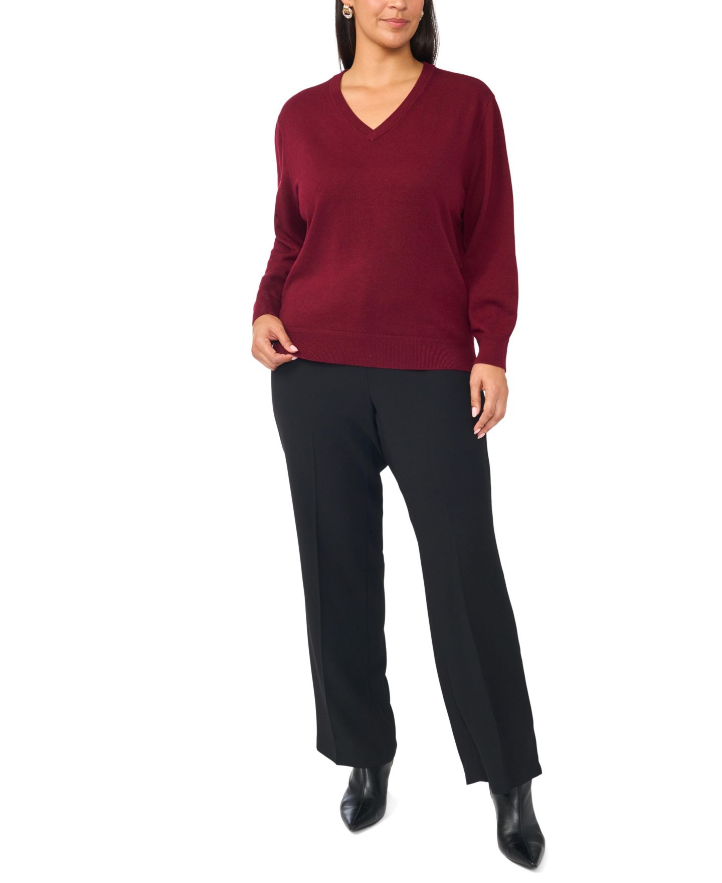 Женский свитер Vince Camuto Plus Size V-Neck Long-Sleeve Racking-Trim, цвет: Клюквенный — фото 2