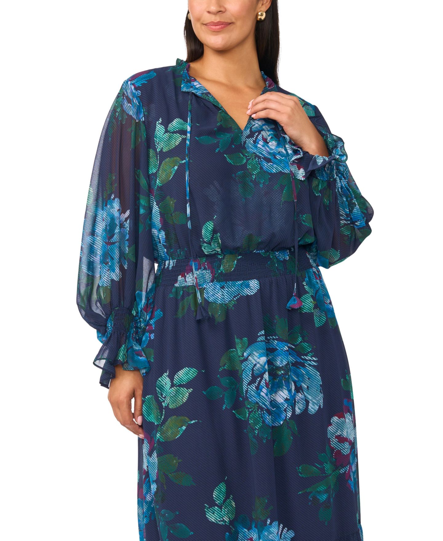 Женское платье Vince Camuto Plus Size Floral-Smocked Maxi, цвет: Насыщенный тёмно-синий — фото 2