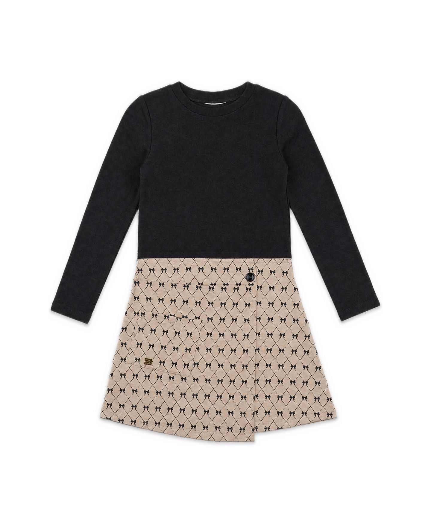 Платье Deux par Deux Long-Sleeve Bow-Tie Print Wrap-Style Dress для девочек-малышей, цвет: Чёрный / Бежевый — фото 1