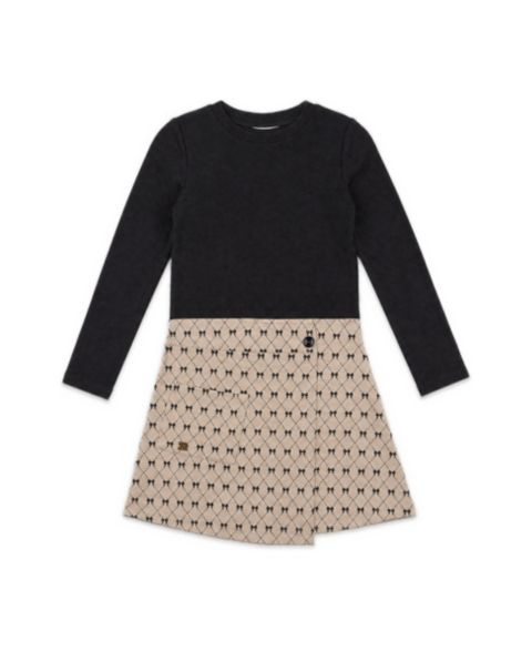 Платье Deux par Deux Long-Sleeve Bow-Tie Print Wrap-Style Dress для девочек-малышей, цвет: Чёрный / Бежевый