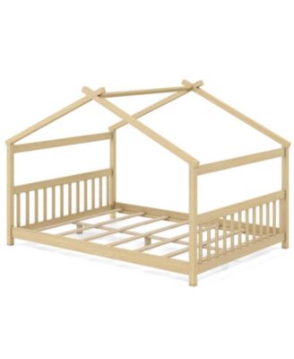 Full Size House Bed Montessori Floor Bed with Peaked Roof and Fence Headboard