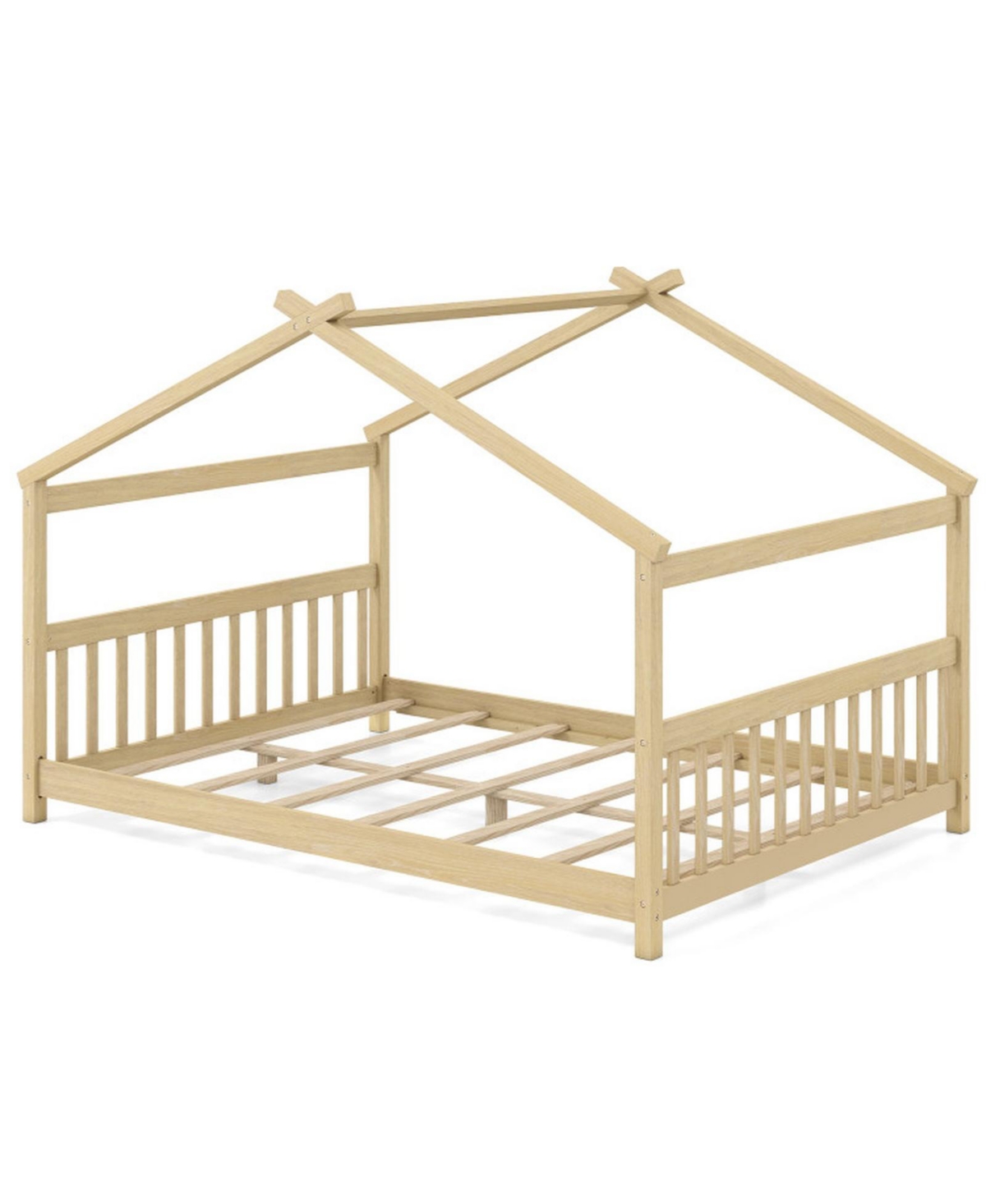 Gouun Full Size House Bed Montessori Floor Bed with Peaked Roof and Fence Headboard