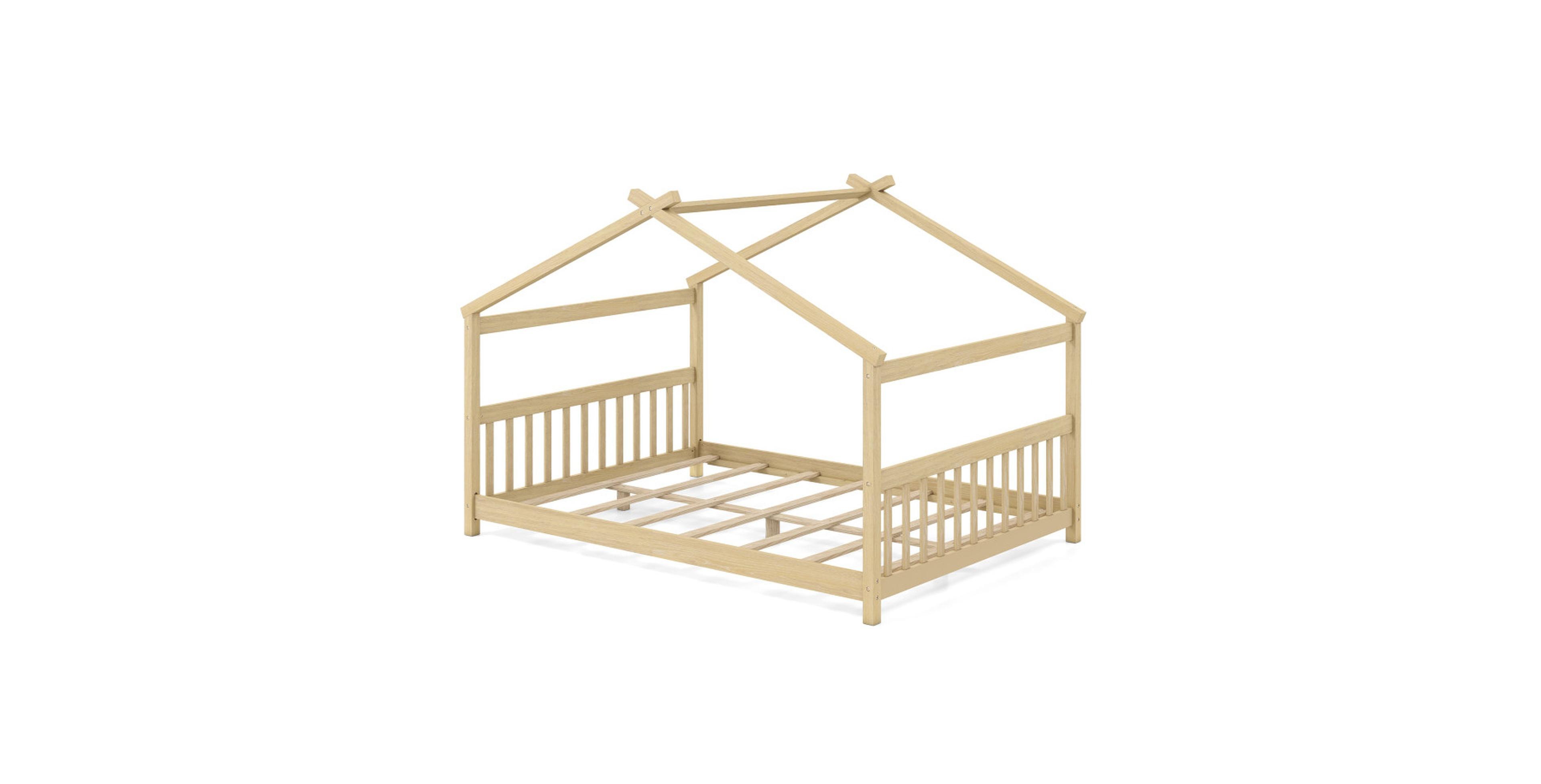 Gouun Full Size House Bed Montessori Floor Bed with Peaked Roof and Fence Headboard