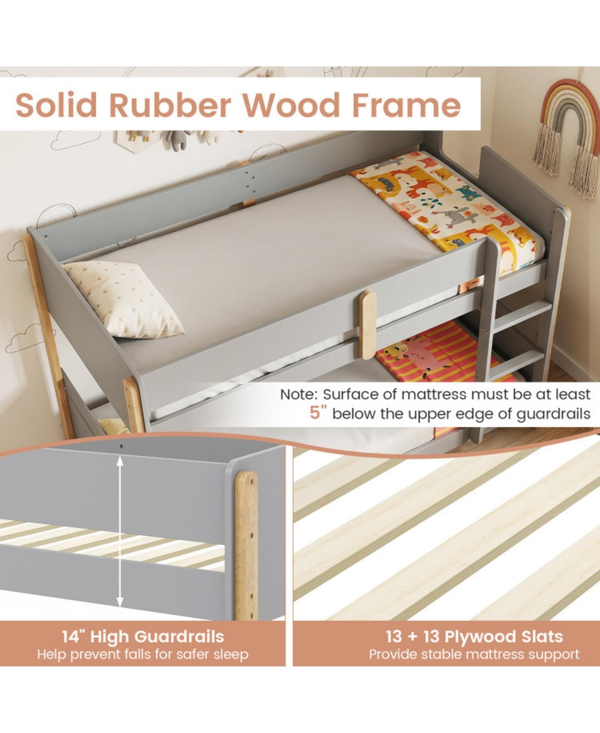 Gouun Twin Over Twin Wood Bunk Bed with Ladder Convertible to 2 Separate Beds