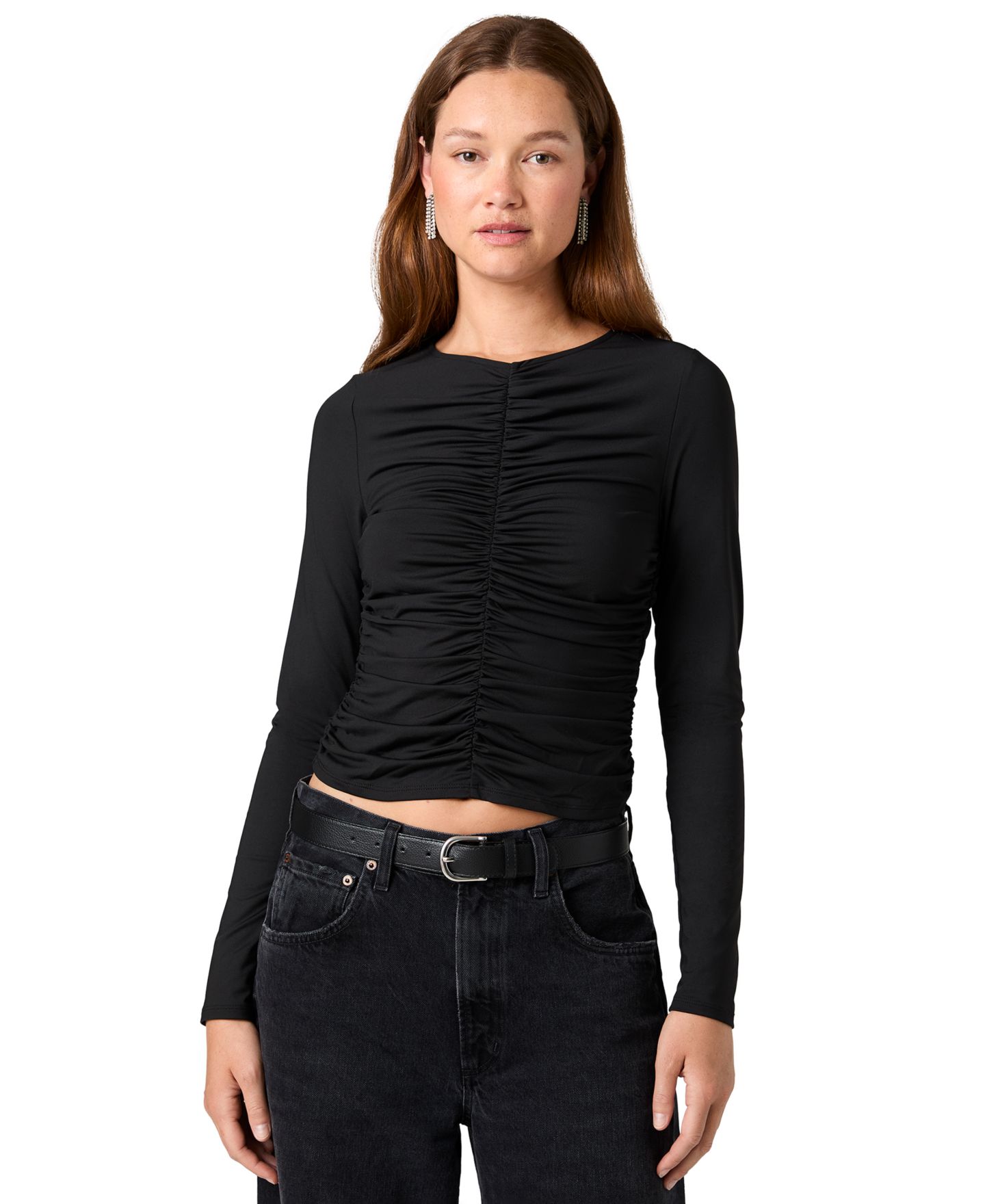 Женская блузка French Connection Shay Long-Sleeve Crewneck Ruched, цвет: Чёрный — фото 1