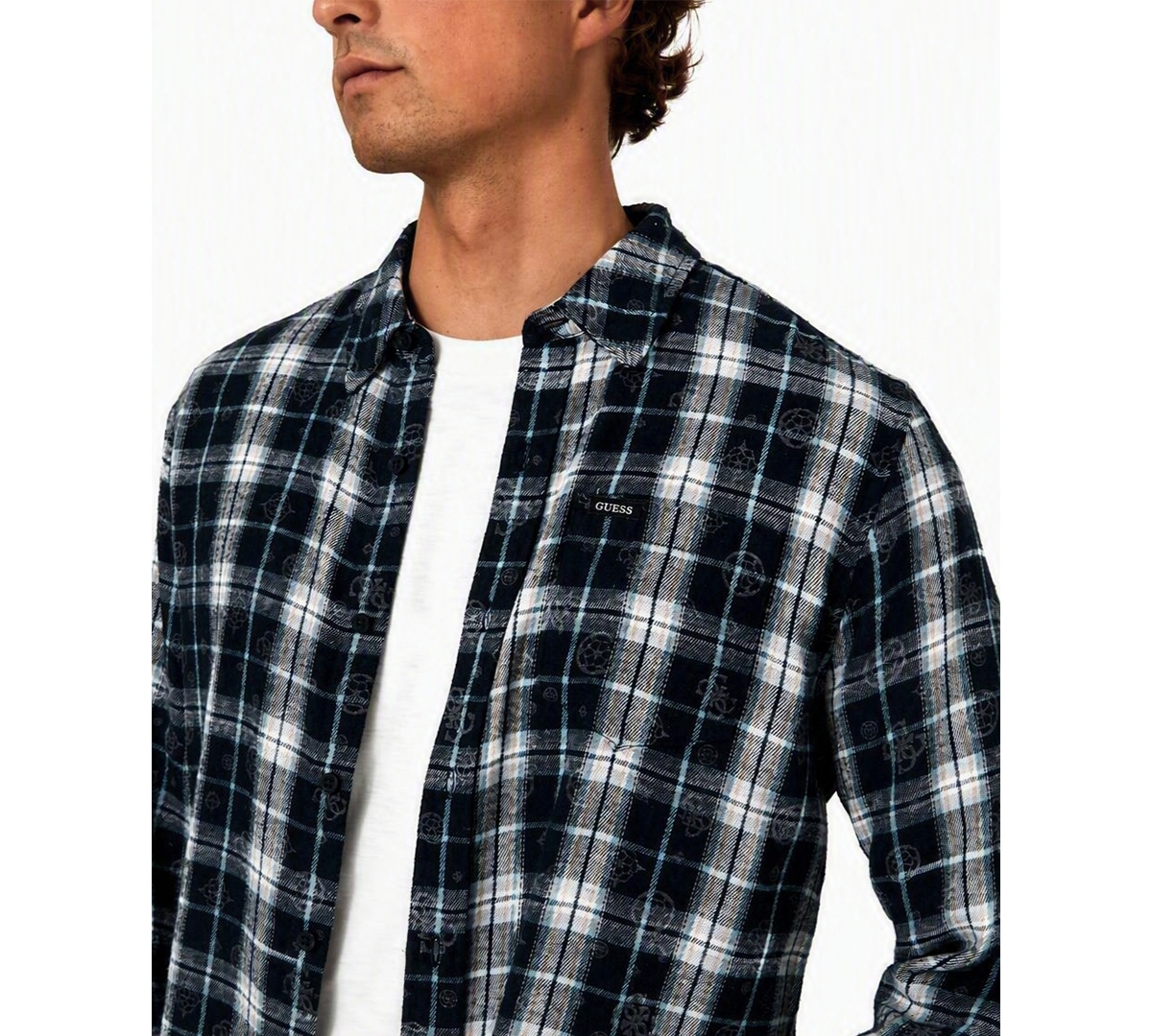 Guess Men's Ocean Coast Plaid Long-Sleeve Logo-Print Button-Down Shirt