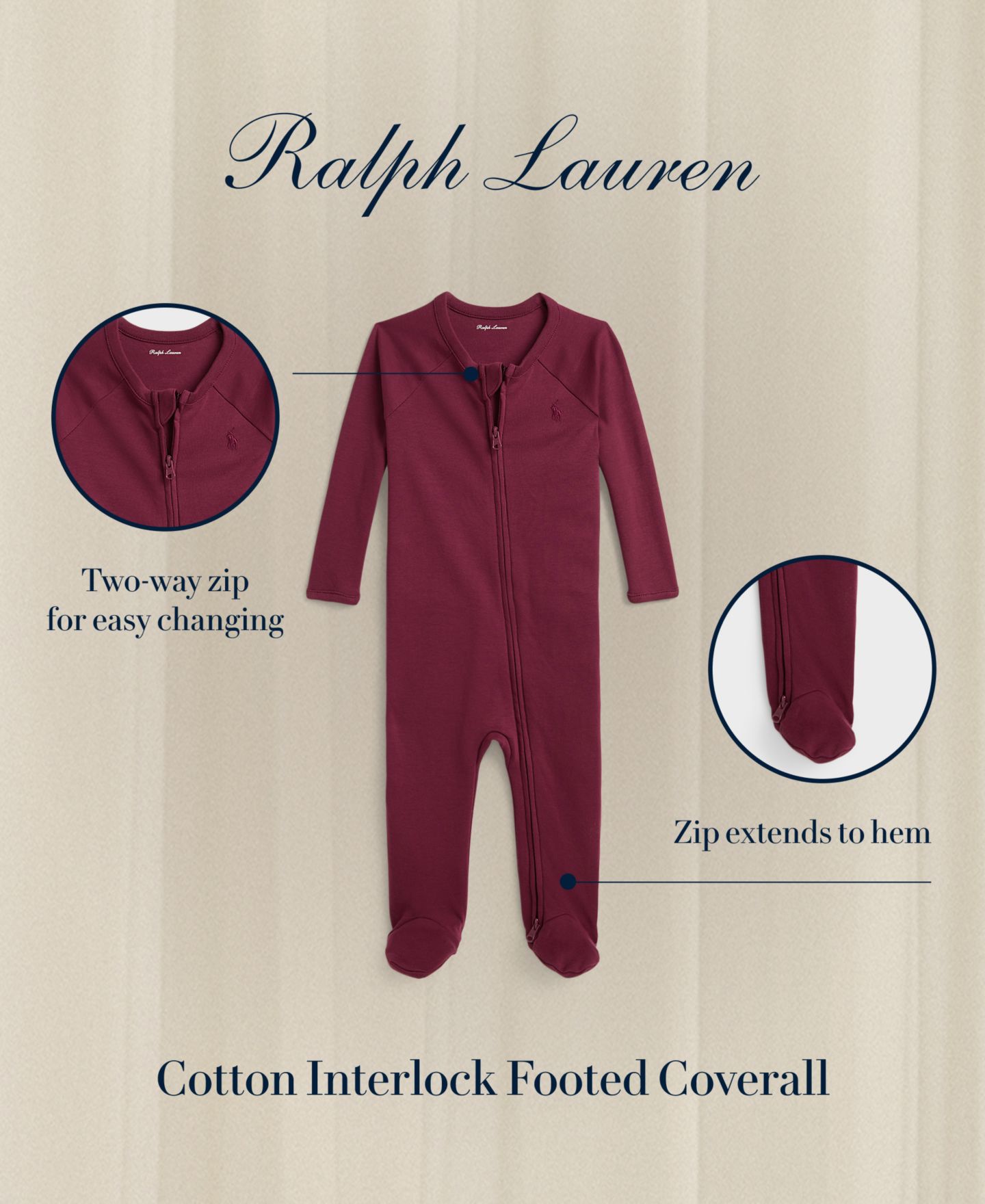 Детский хлопковый комбинезон Polo Ralph Lauren из интерлока с закрытыми ножками, цвет: Auberine — фото 4