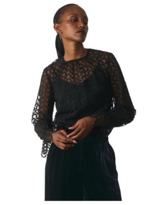 Women's Aliano Sheer Embroidered Lace Beaded Long-Sleeve Blouse