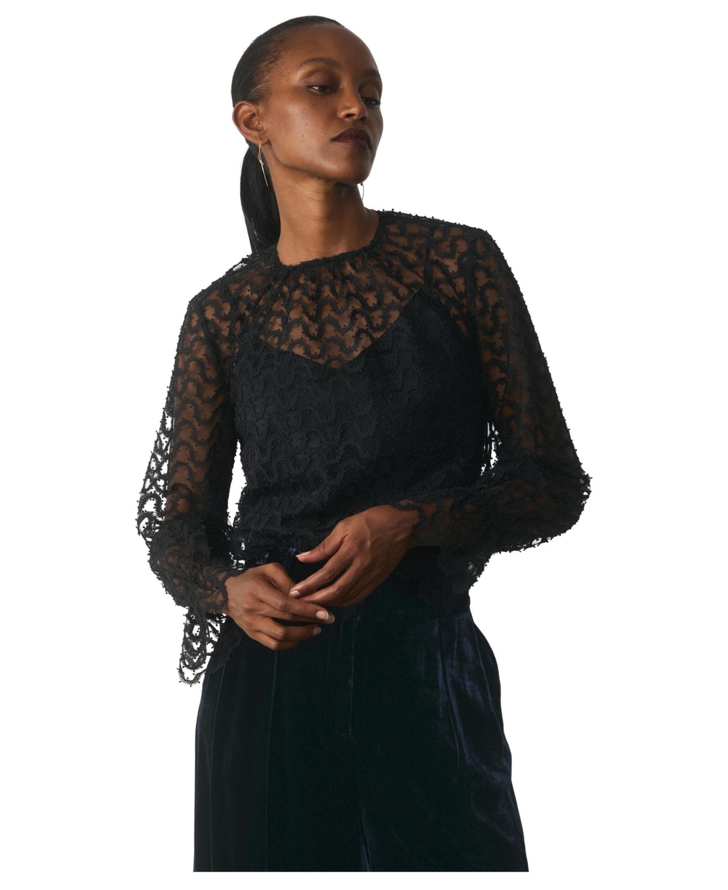 Женская блузка The Fold Aliano Sheer Embroidered Lace Beaded Long-Sleeve, цвет: Чёрный — фото 1
