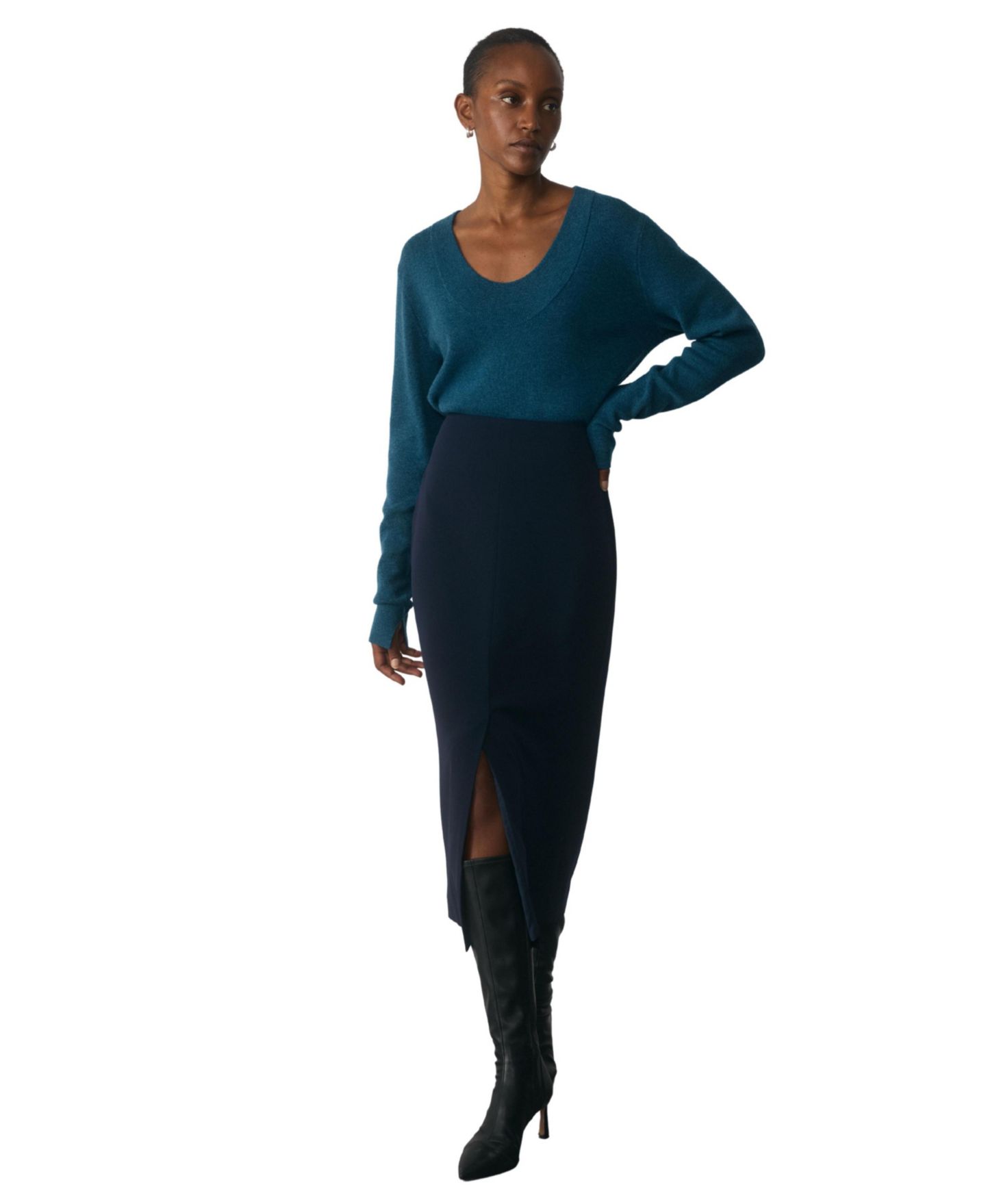 Женская юбка The Fold Oliena High-Waisted Pencil Midi, цвет: Тёмно-синий — фото 7