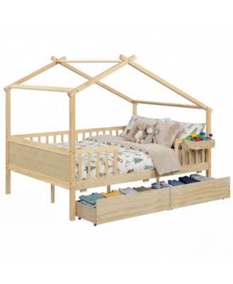 Full Size House Bed with Roof Fence Rails and 2 Rolling Storage Drawers