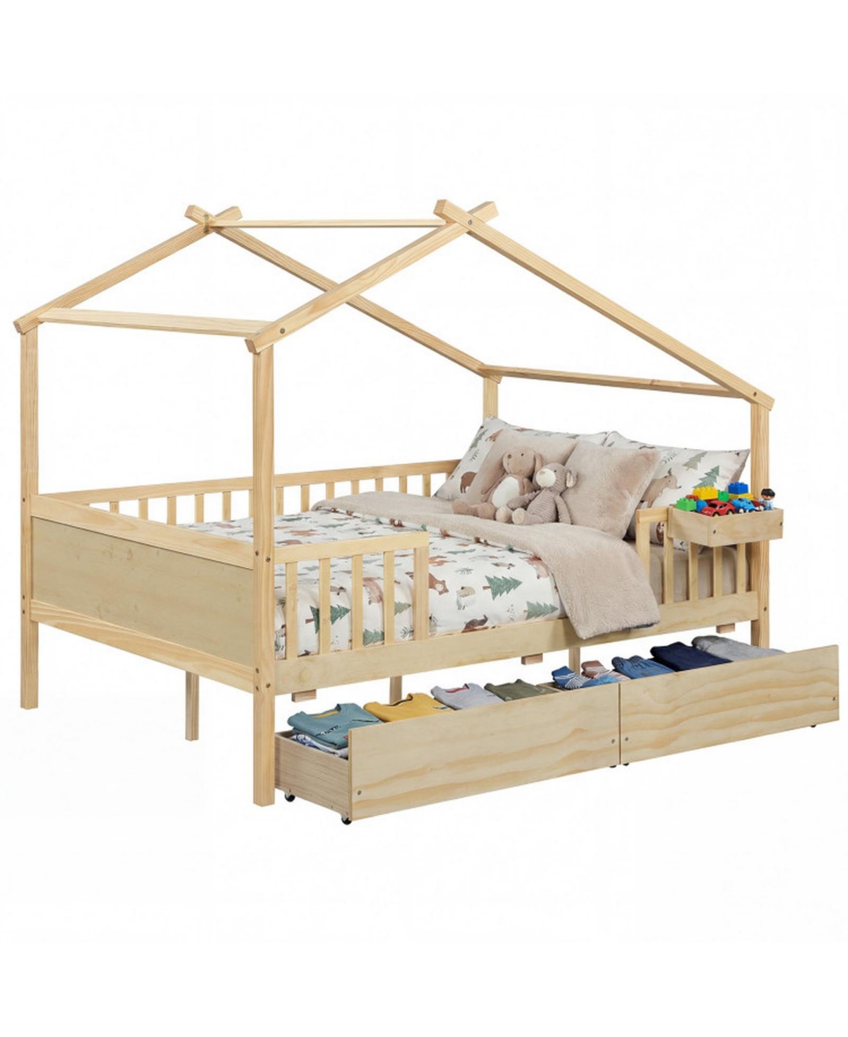 Gouun Full Size House Bed with Roof Fence Rails and 2 Rolling Storage Drawers